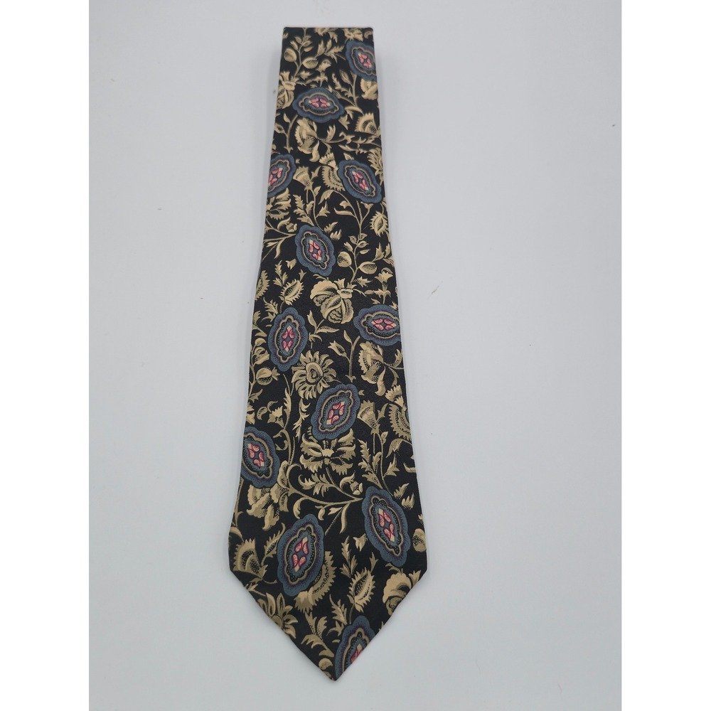 Mens Silk Necktie Black Tan Blue Floral Paisley Woven Hand Made Tie